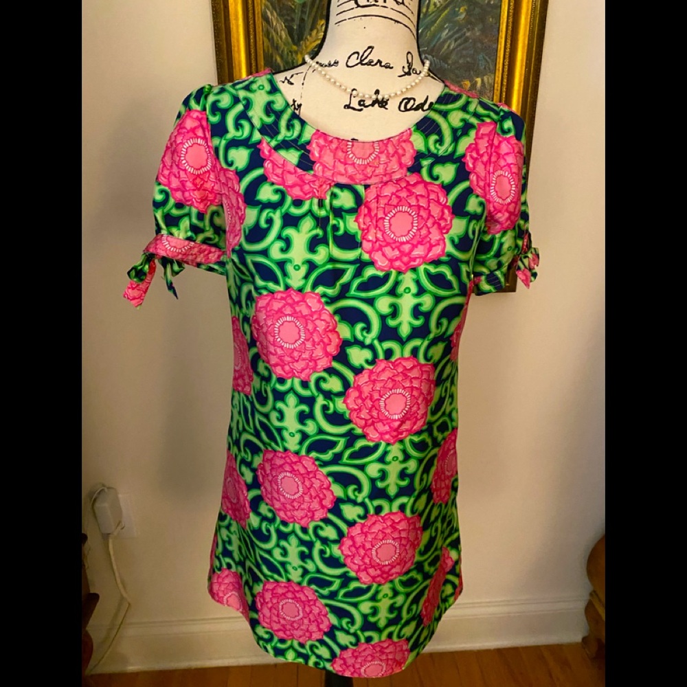 Lilly Pulitzer Silk Lined Dress Floral Pink Blue Green Scoop Neck Bow SS Size 0